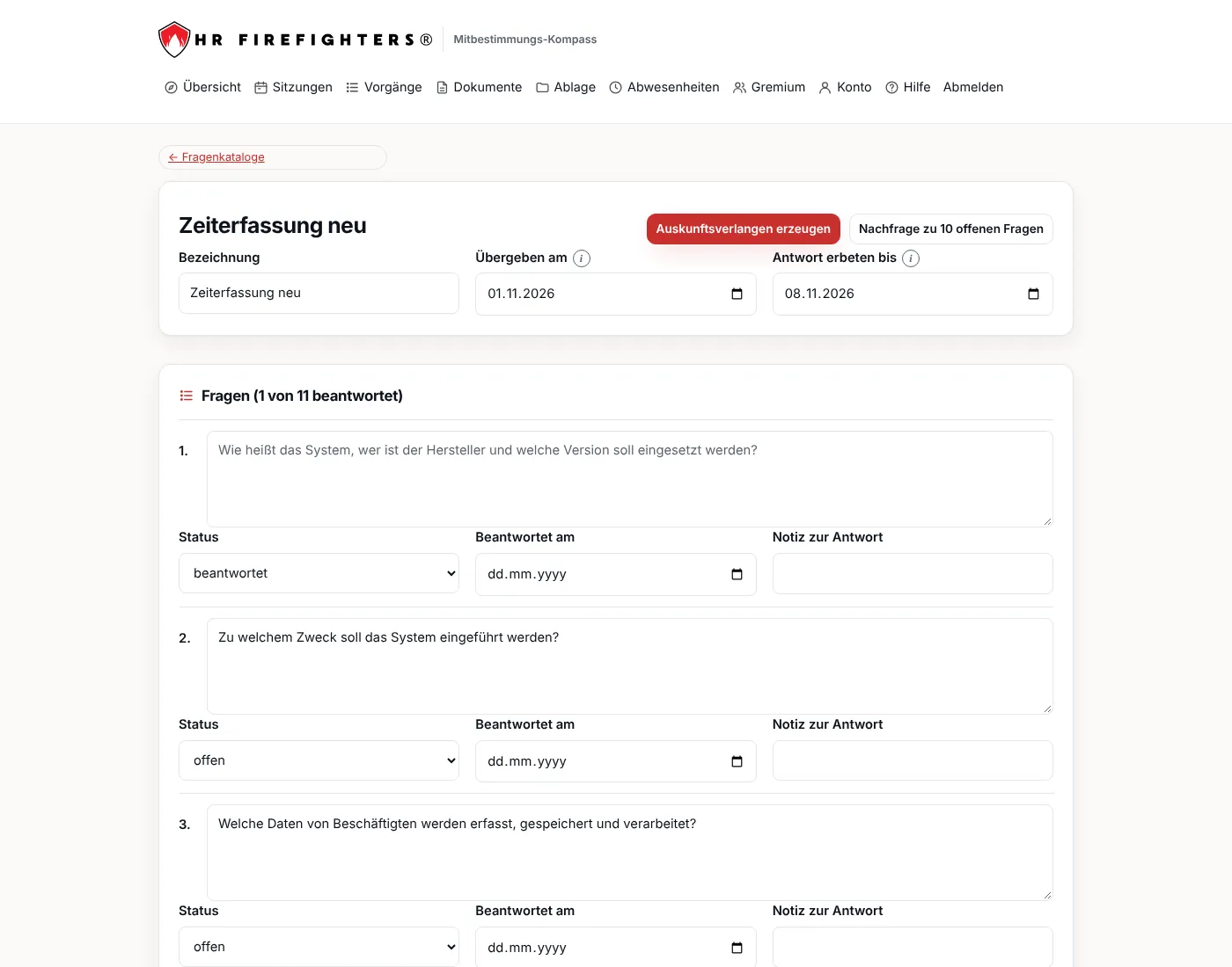 Fragenkatalog mit Status je Frage