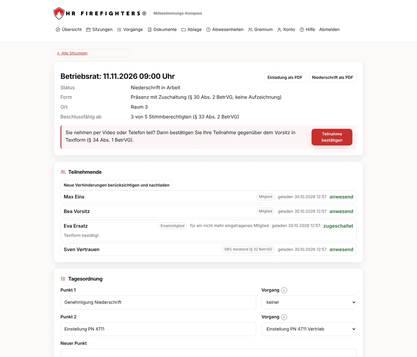 Sitzung mit Teilnehmenden, Ersatzmitglied und Tagesordnung