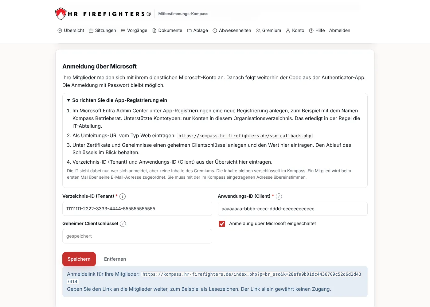 Einstellungen mit der Einrichtung der Anmeldung über Microsoft