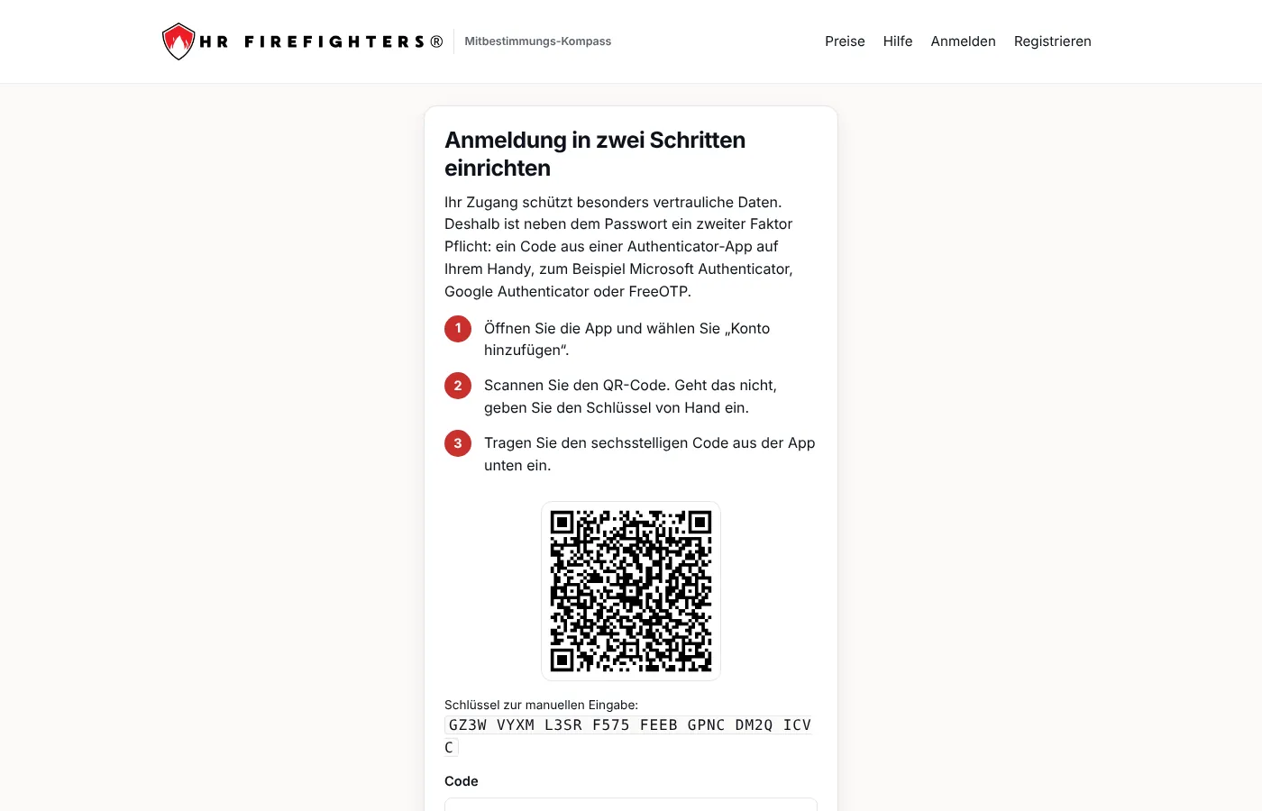 Einrichtung der Anmeldung in zwei Schritten mit QR-Code