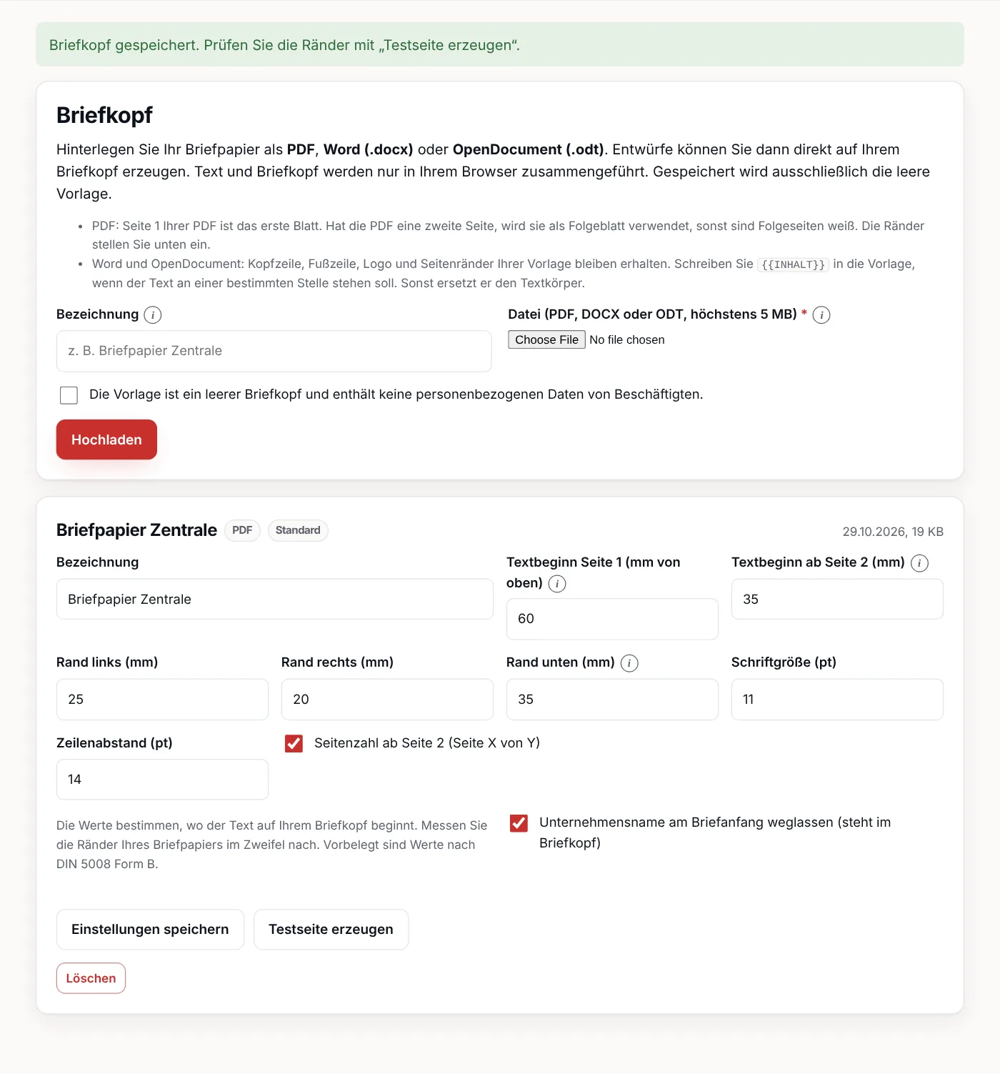Einstellungen eines PDF-Briefkopfs mit Rändern, Schriftgröße und Schaltfläche Testseite erzeugen
