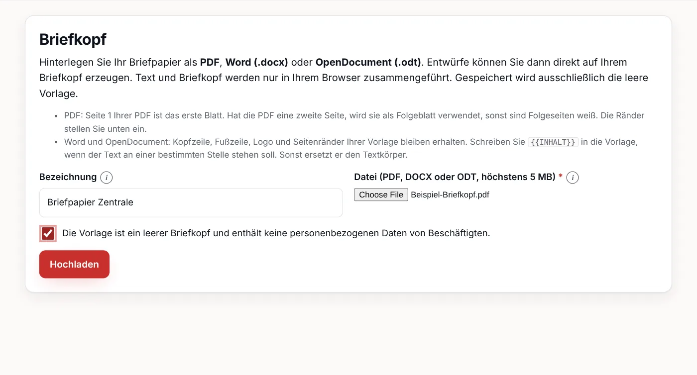 Seite Briefkopf mit Feldern Bezeichnung und Datei sowie Schaltfläche Hochladen