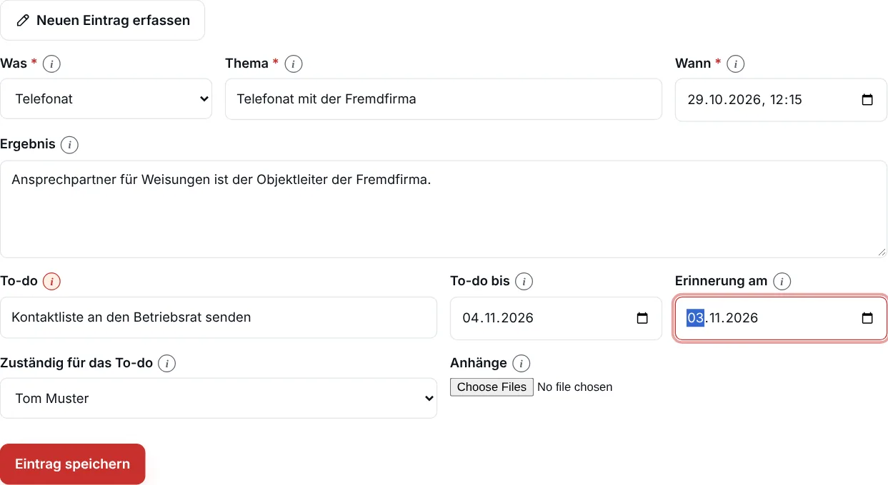 Formular für einen neuen Eintrag mit Feldern Was, Thema, Wann, Ergebnis, To-do und Anhänge
