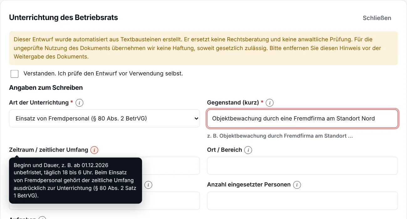 Formular eines Entwurfs mit Pflichtfeldern und Info-Symbolen