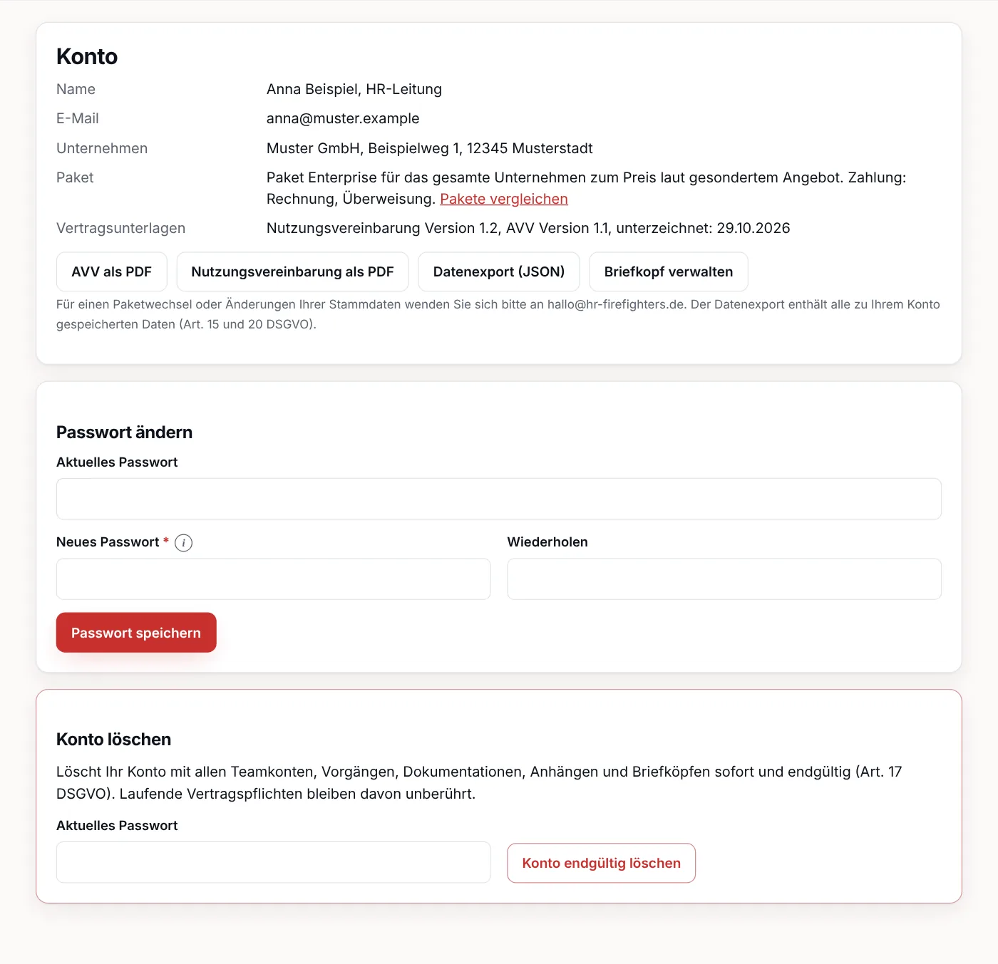Kontoseite mit Stammdaten, Datenexport und Formular zum Ändern des Passworts