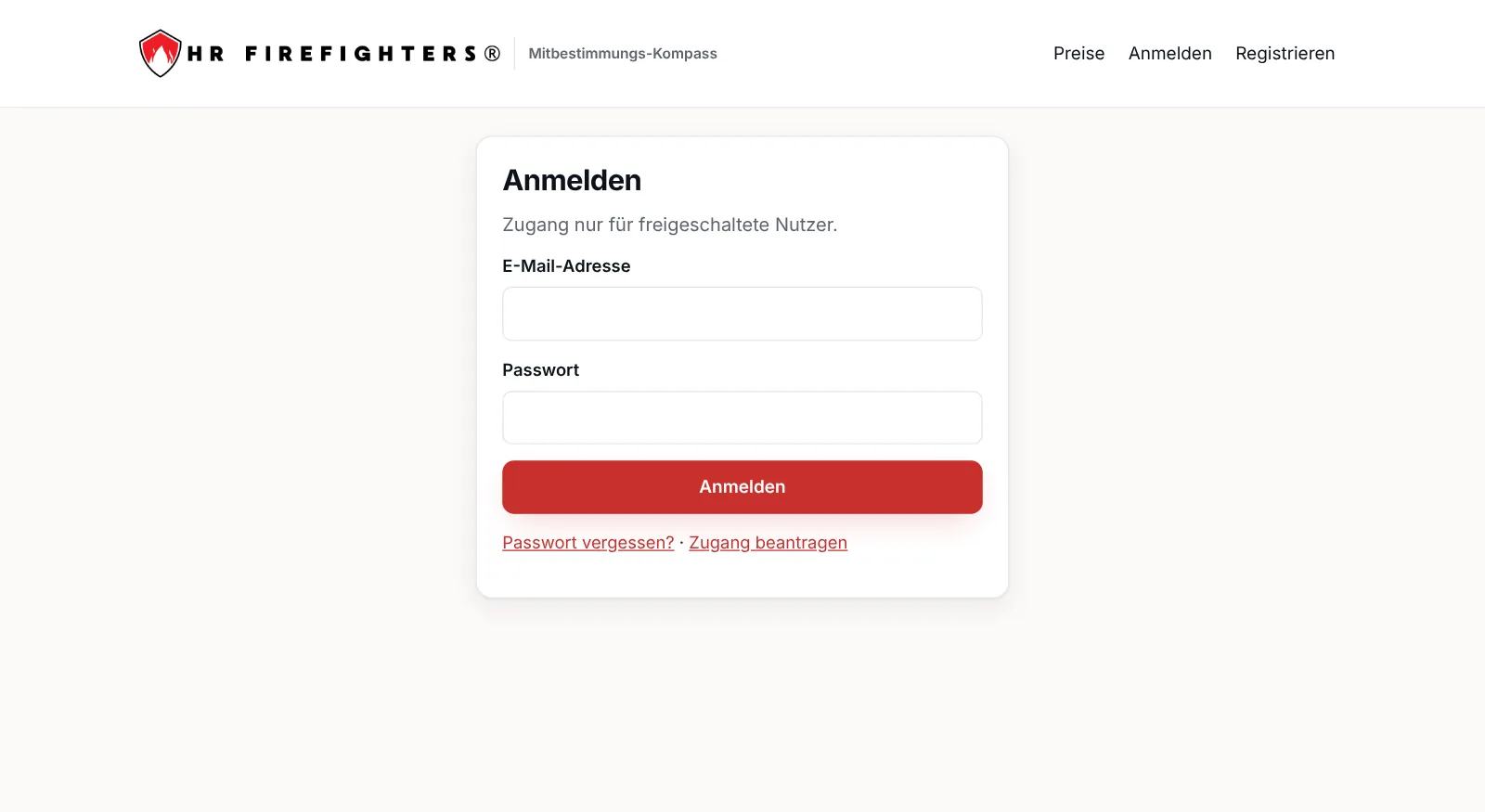 Anmeldeseite mit Feldern für E-Mail-Adresse und Passwort