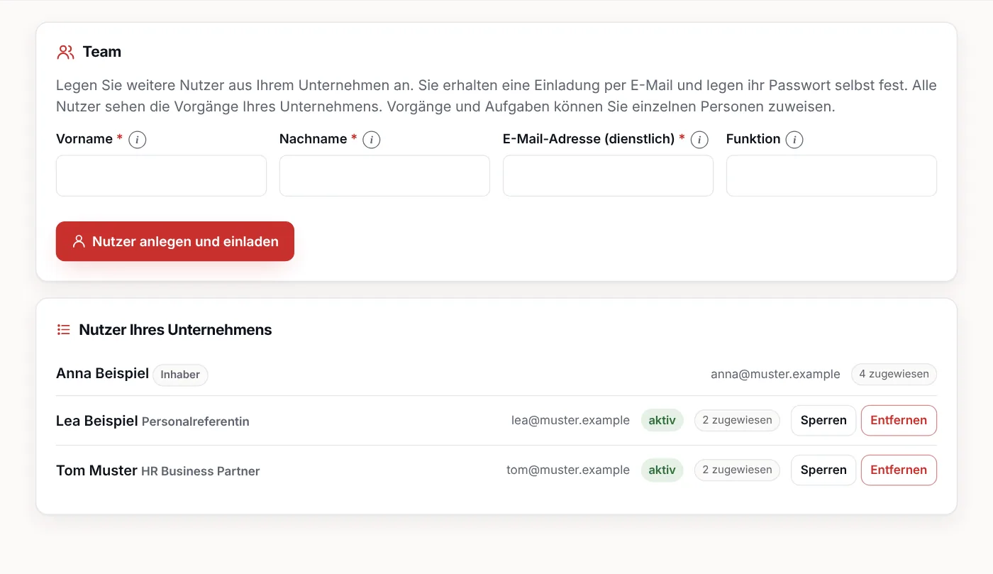 Seite Team mit Formular für neue Nutzer und Liste der Nutzer mit Status