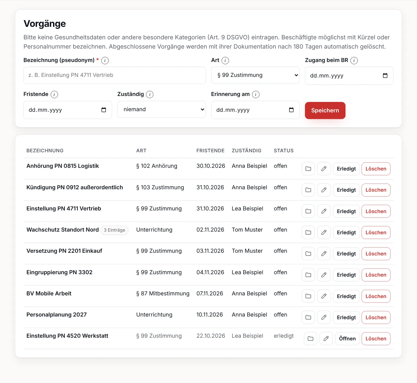 Vorgangsliste mit Spalten Bezeichnung, Art, Fristende, Zuständig, Status und Aktionsschaltflächen