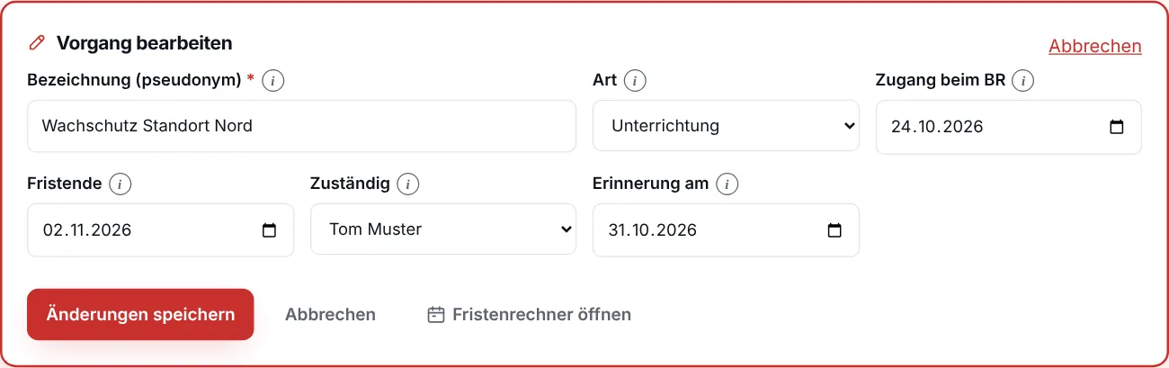 Formular Vorgang bearbeiten mit Feldern für Fristende und Erinnerung