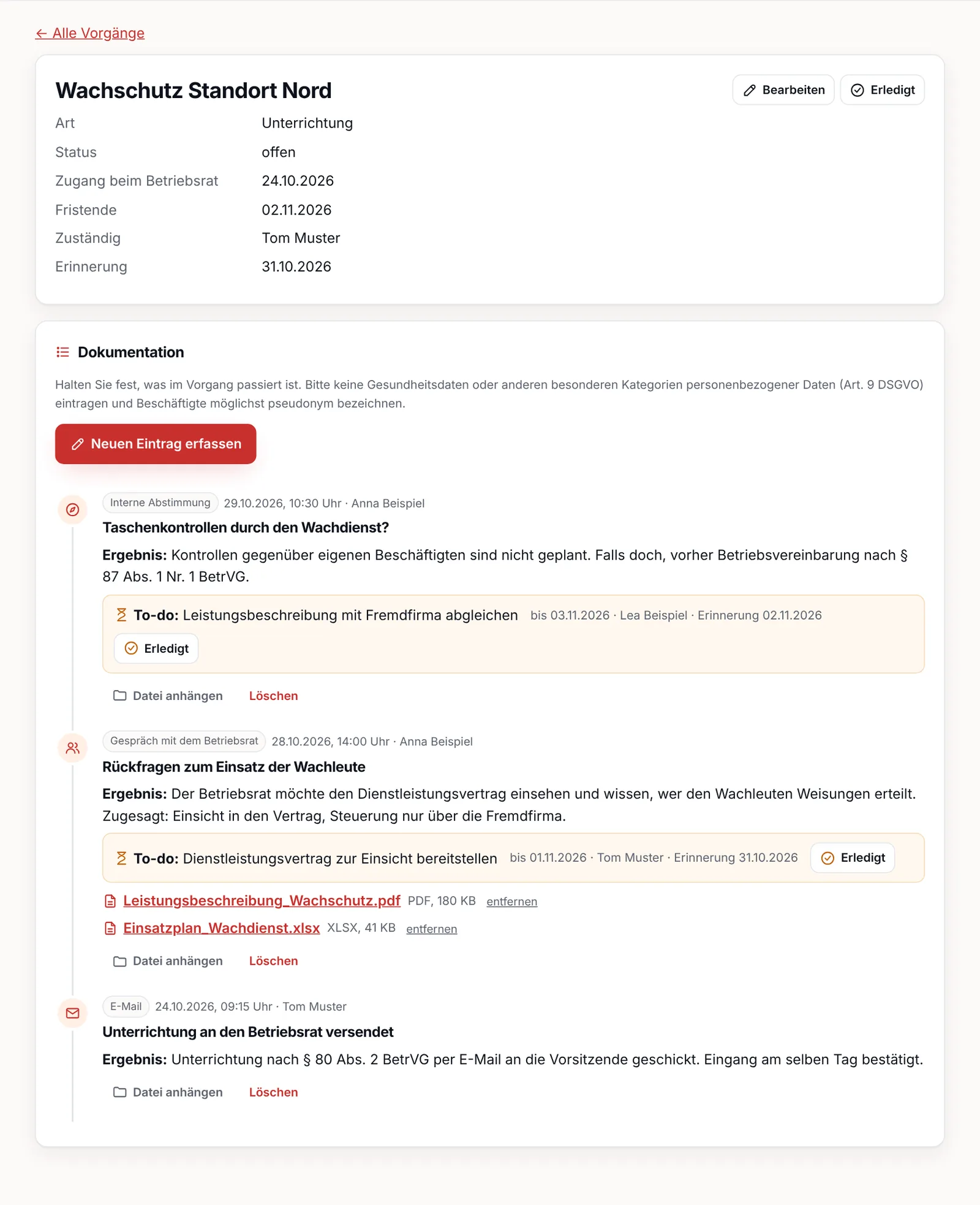 Dokumentation eines Vorgangs mit To-dos und Anhängen