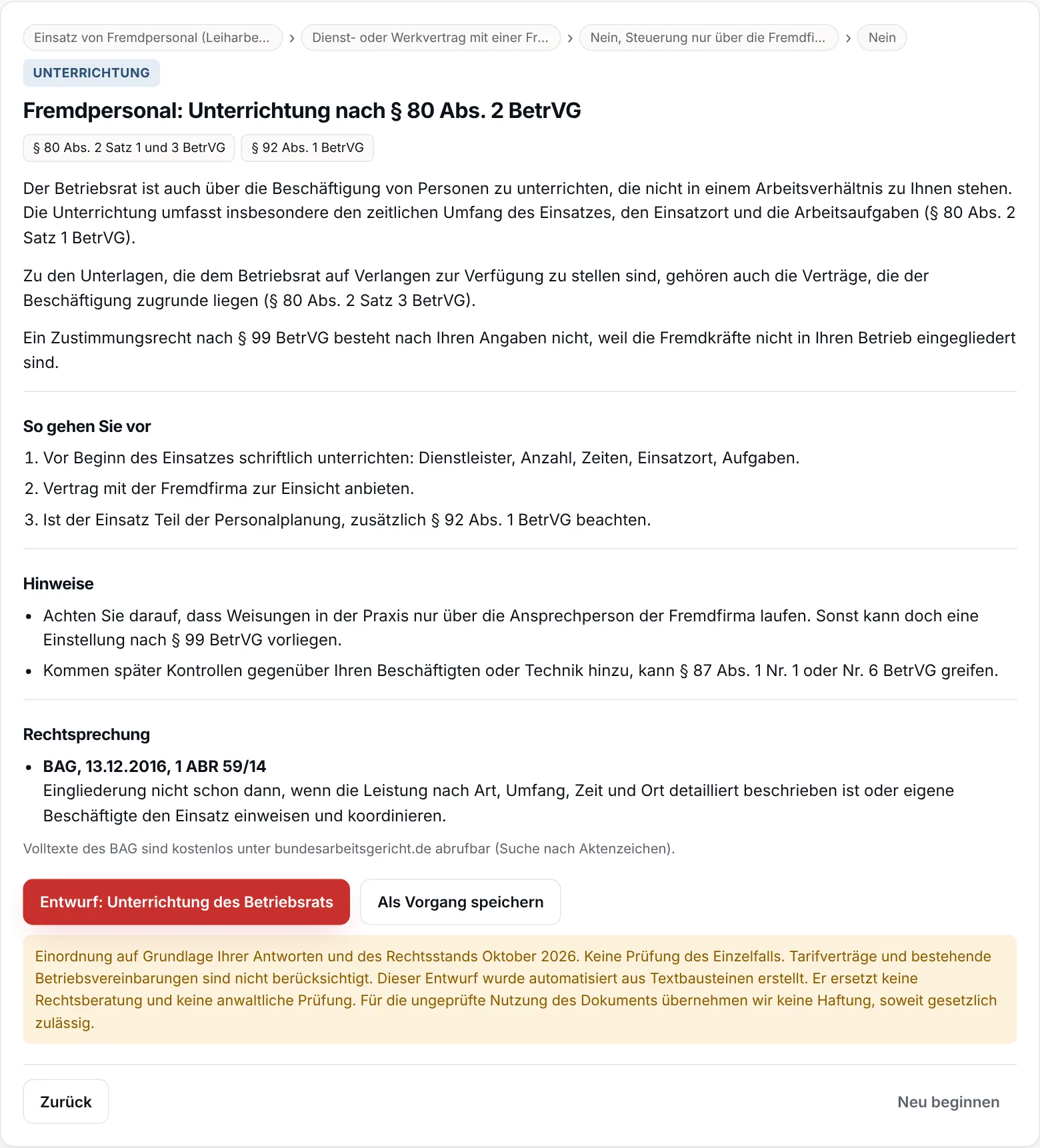 Ergebnis der Einordnung: Unterrichtung nach § 80 Abs. 2 BetrVG