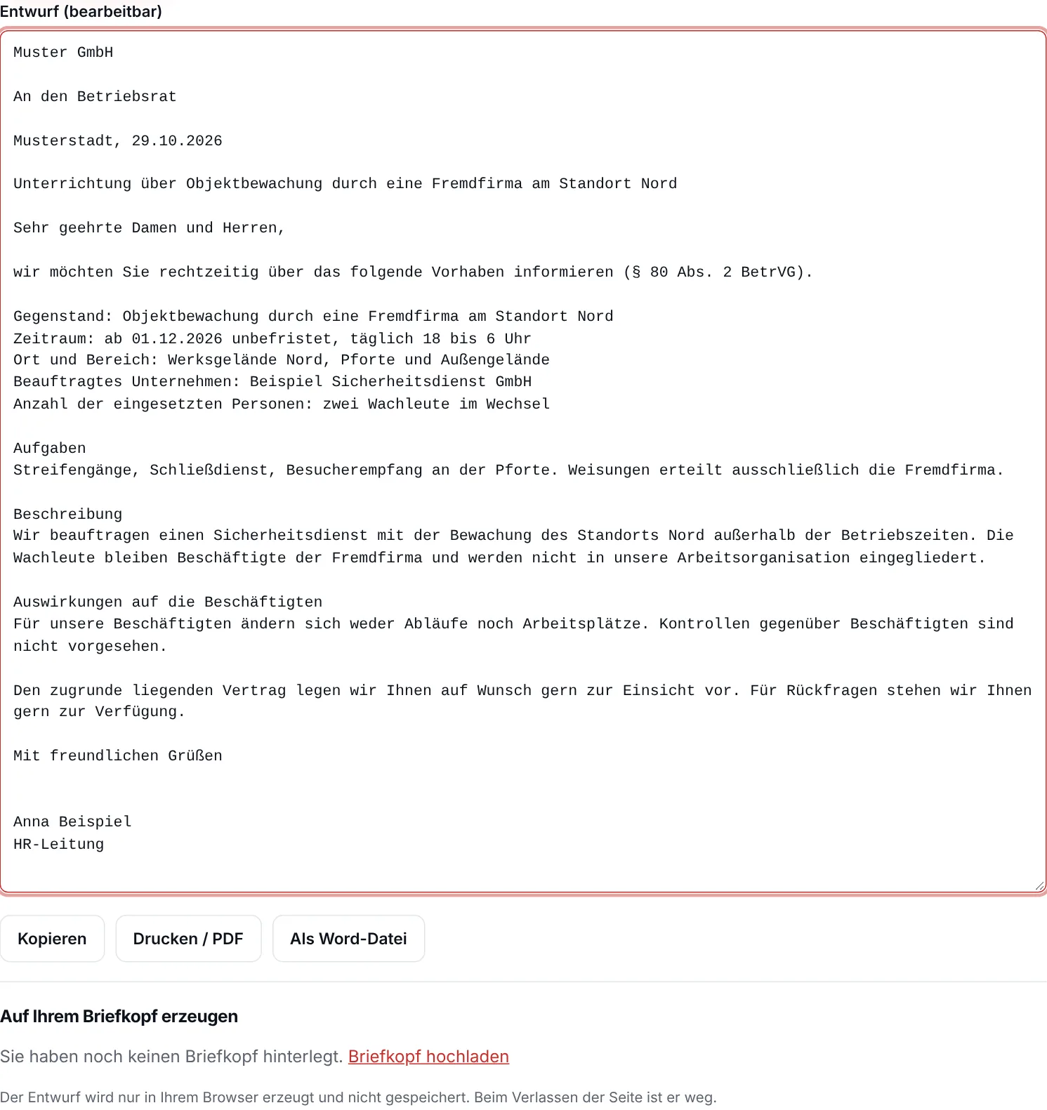 Entwurf der Unterrichtung an den Betriebsrat