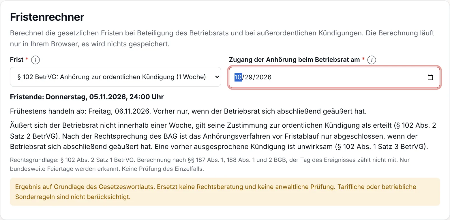 Fristenrechner mit Fristende und Hinweisen